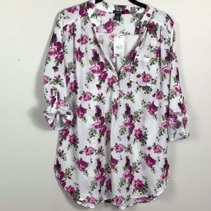Vintage floral pink roses pull over tunic roll sleeves gold buttons size large